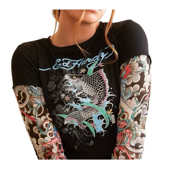 Ed Hardy Layered Tattoo Sleeve Koi Fish Black Graphic T Shirt Y2K Crop Top M - Picture 3 of 10